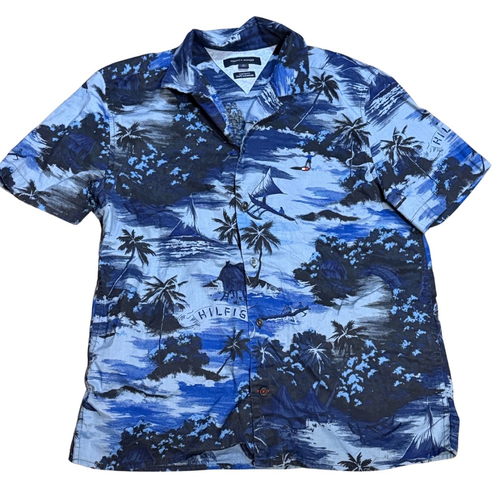 Tommy‎ Hilfiger Blue Hawaiian Button Up Shirt Y2K Surf Mens M